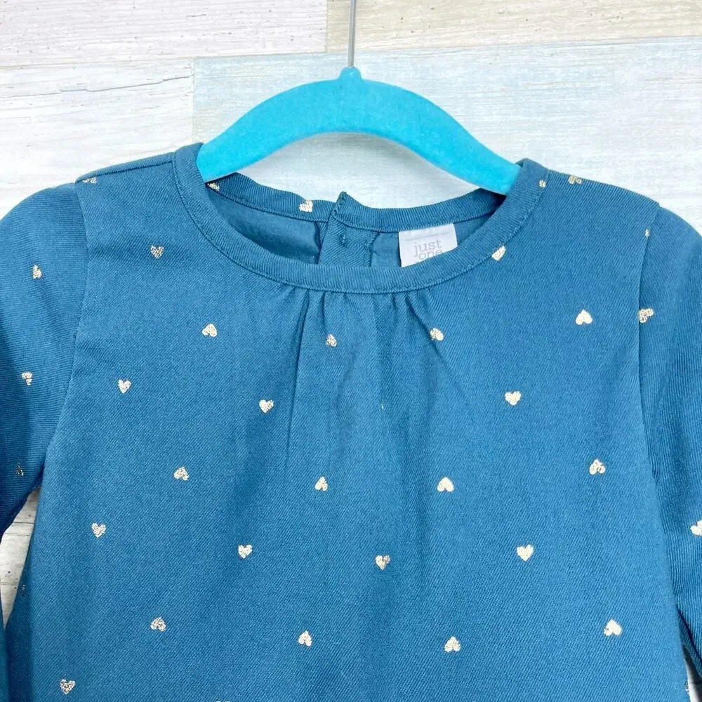 Carters Gold Foil Heart Dress Blue Fit & Flare Bow Toddler Girl 18M 18 Months